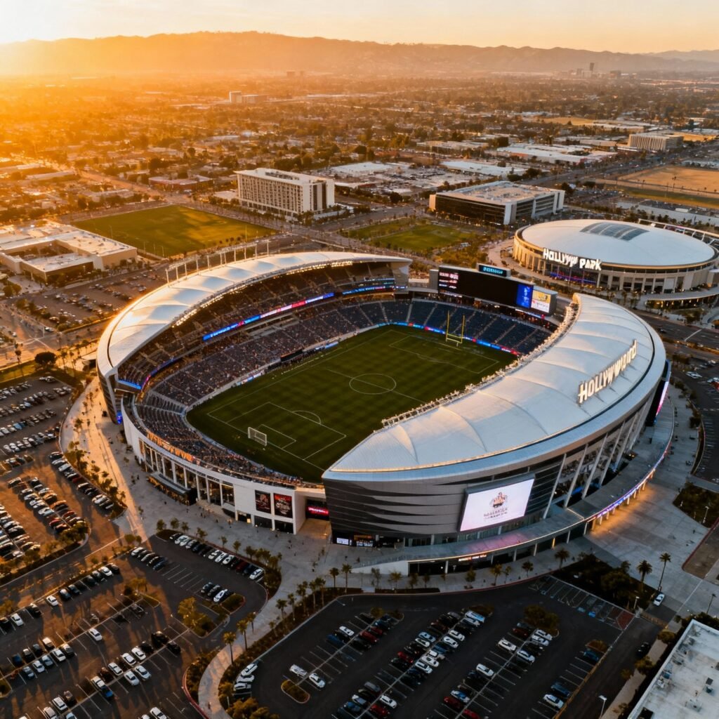 Aerial view of Inglewood venues including Kia Forum, Intuit Dome, and YouTube Theater at Hollywood Park entertainment complex