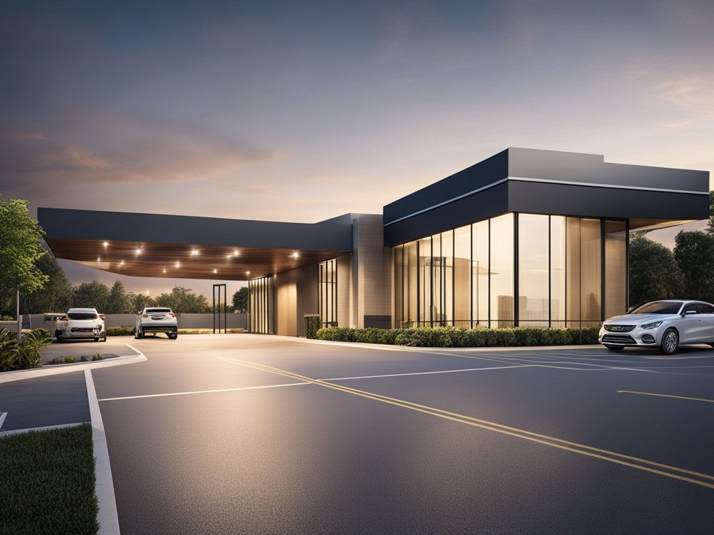 Modern parking lot entrance with clear signage at YouTube Theater